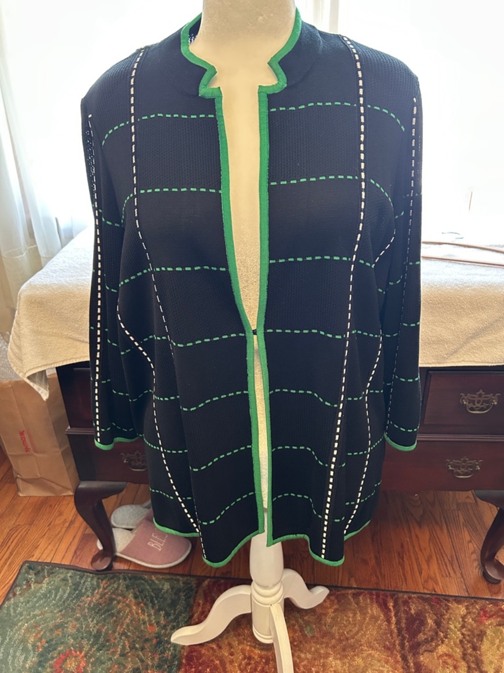 Ming Wang Open Knit Jacket - Black with Green Trim